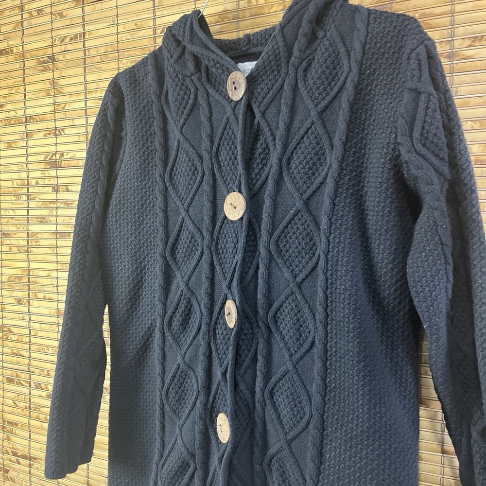 Chico's Cardigan Women 2 M Black Hooded Cable Knit Diamond Button Front Longline - Picture 2 of 6